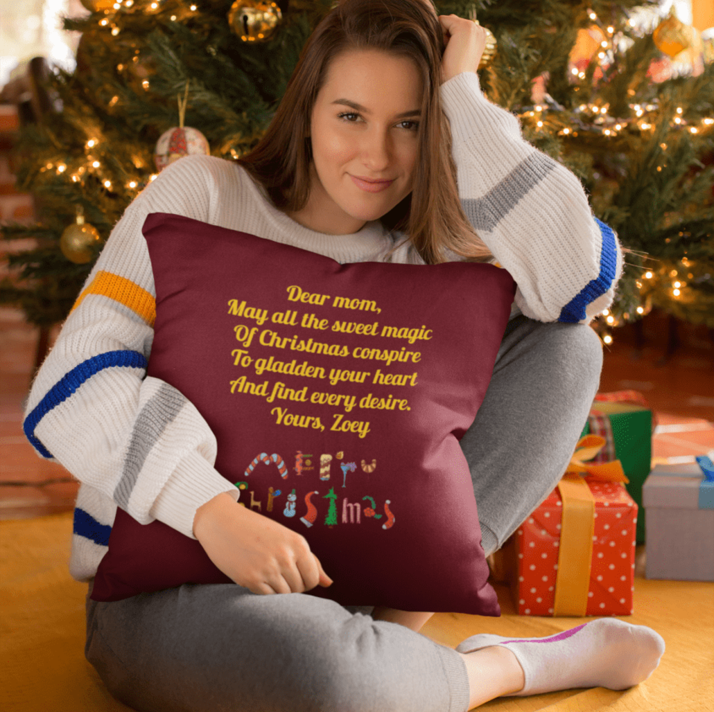Woman with custom Christmas pillow